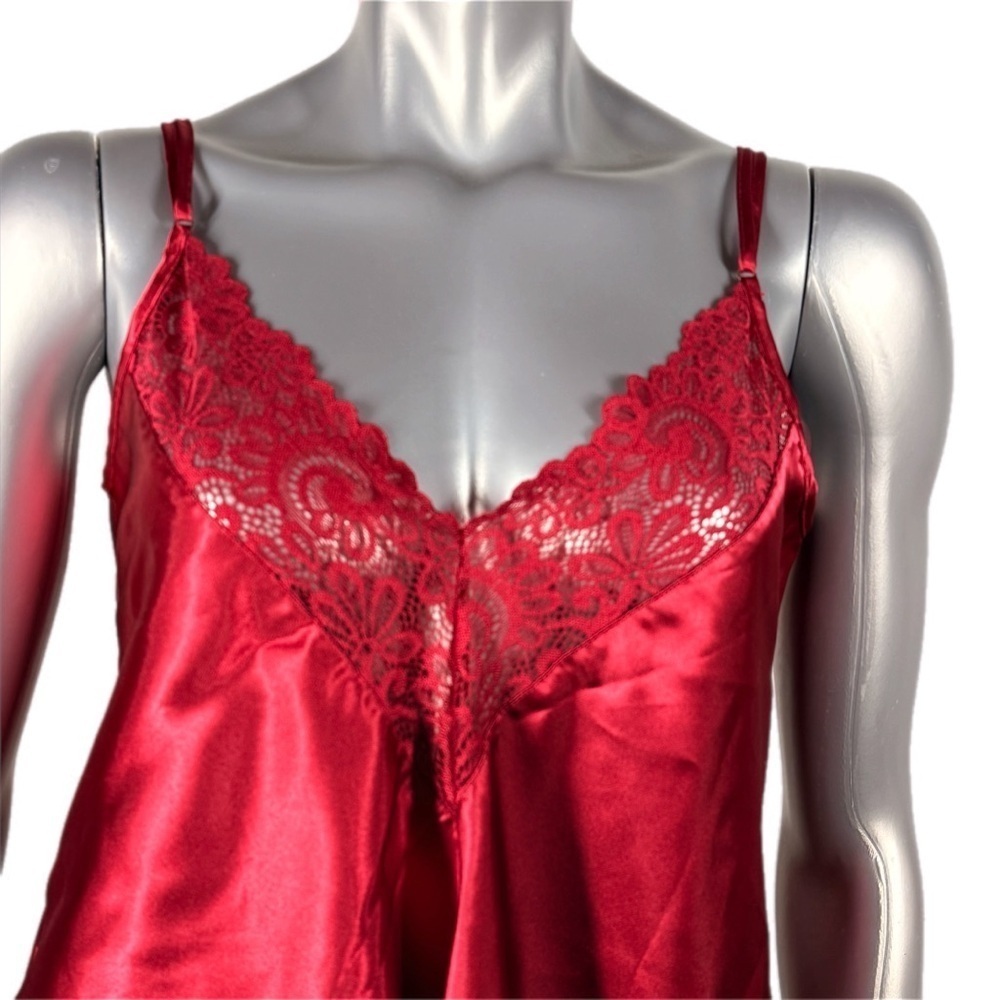 Red Satin Pajama Set with Lace Trim Adjustable Strap Top & Shorts - Picture 7 of 11